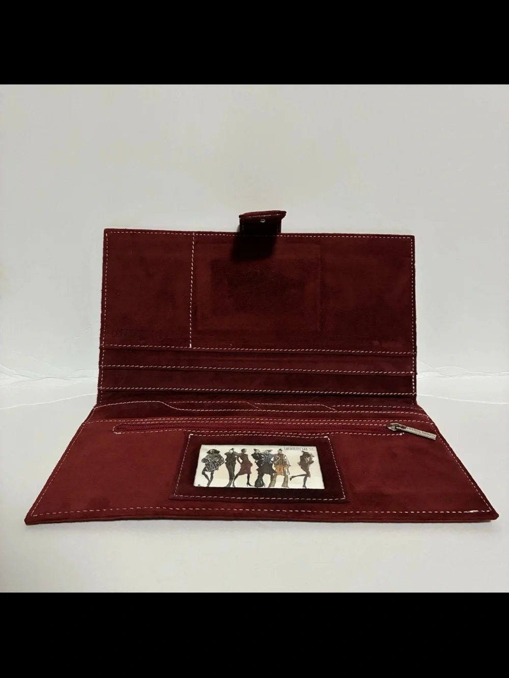 Suede Long Wallet in Burgundy with White Stitching